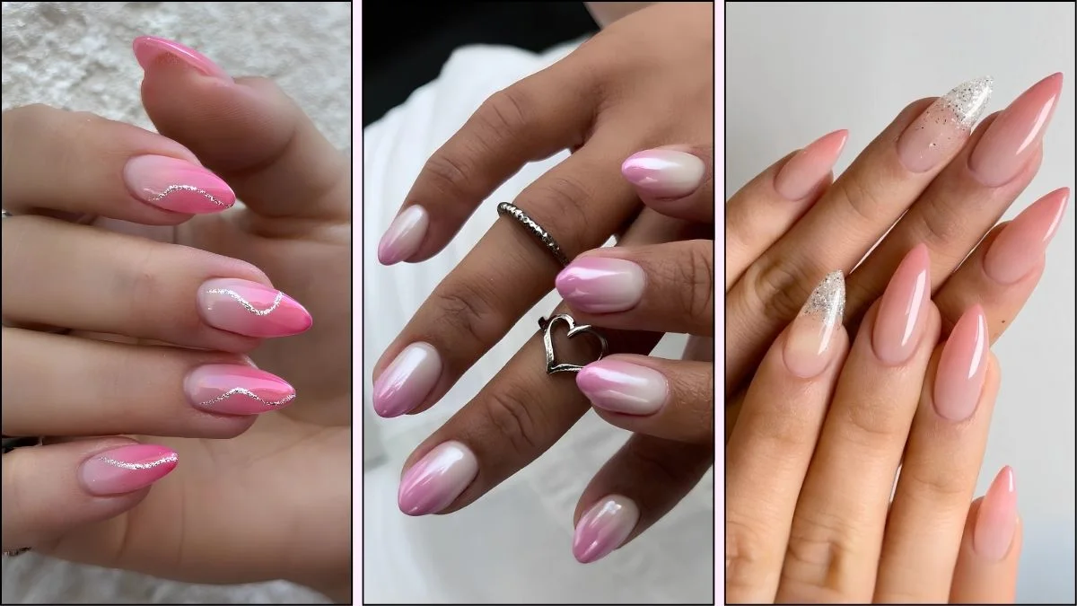 A collage of pink ombre nail designs