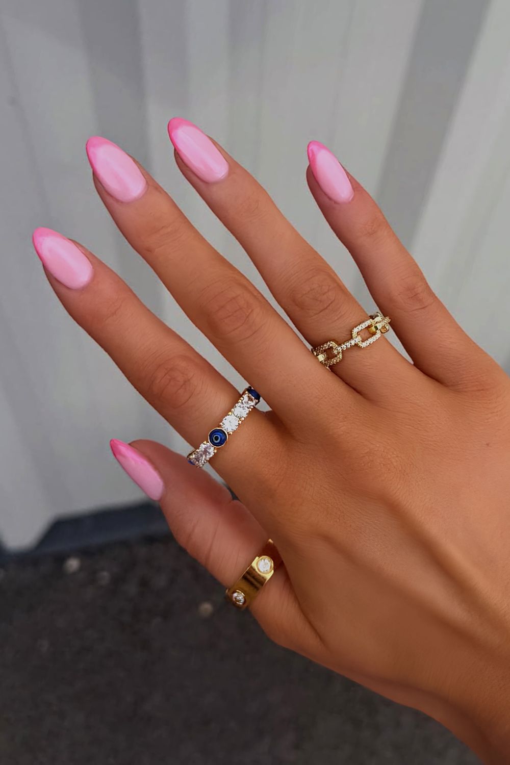 Pink on pink French mani with chrome finish