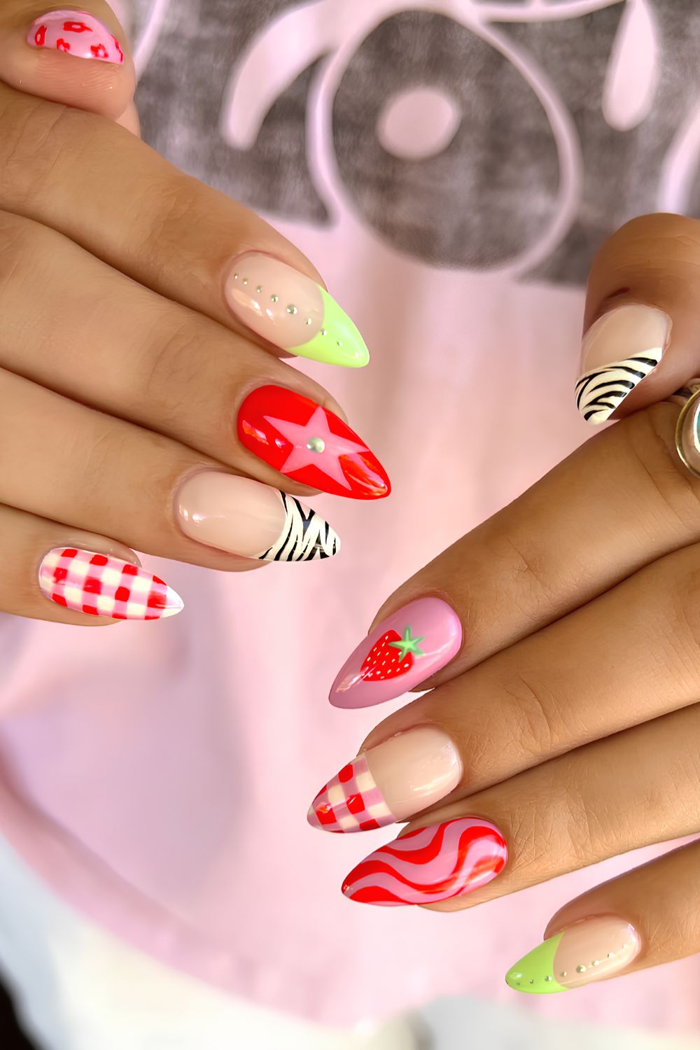 Red and green mix and match nails with gingham and strawberries