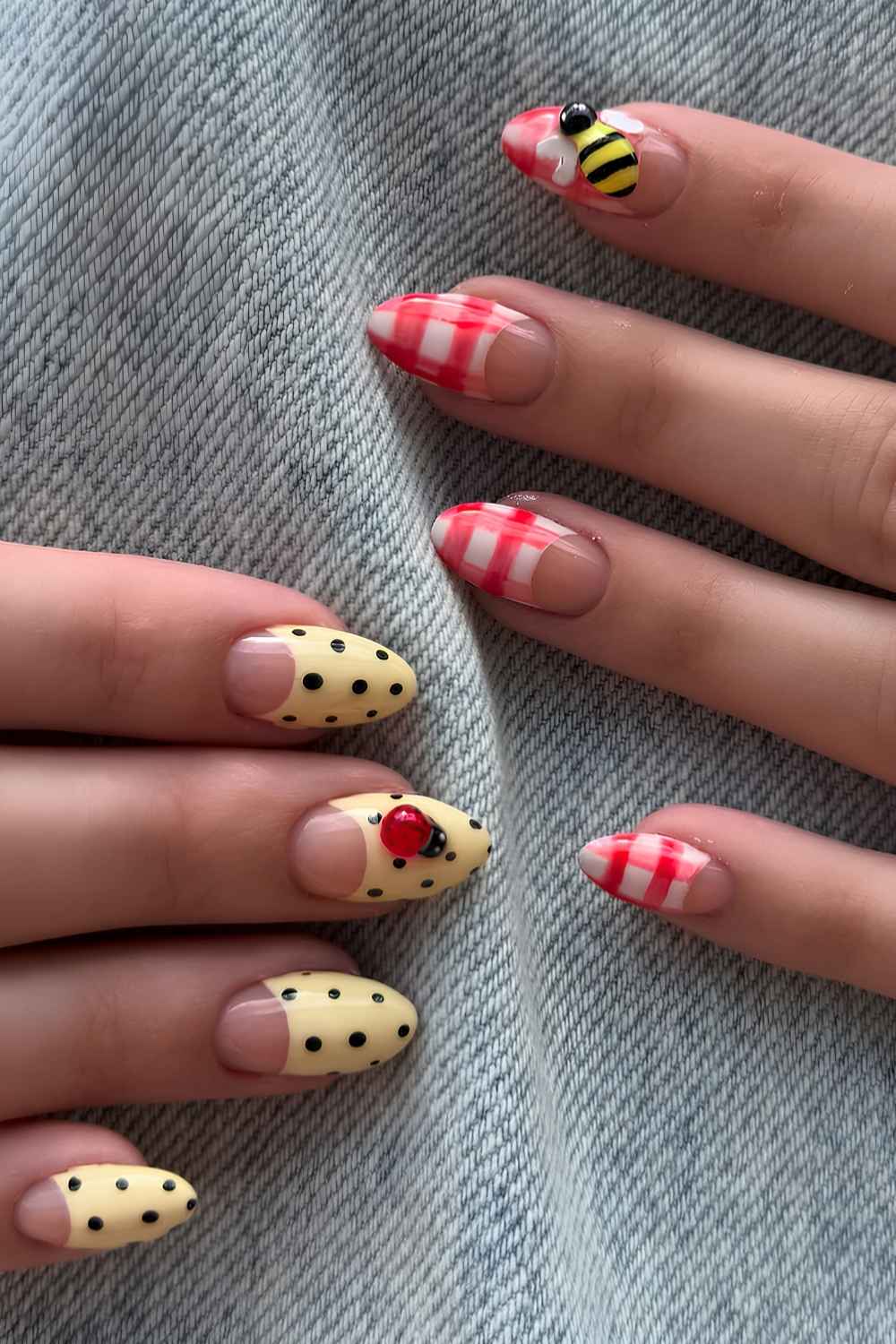 Red and yellow mani with polka dots and gingham