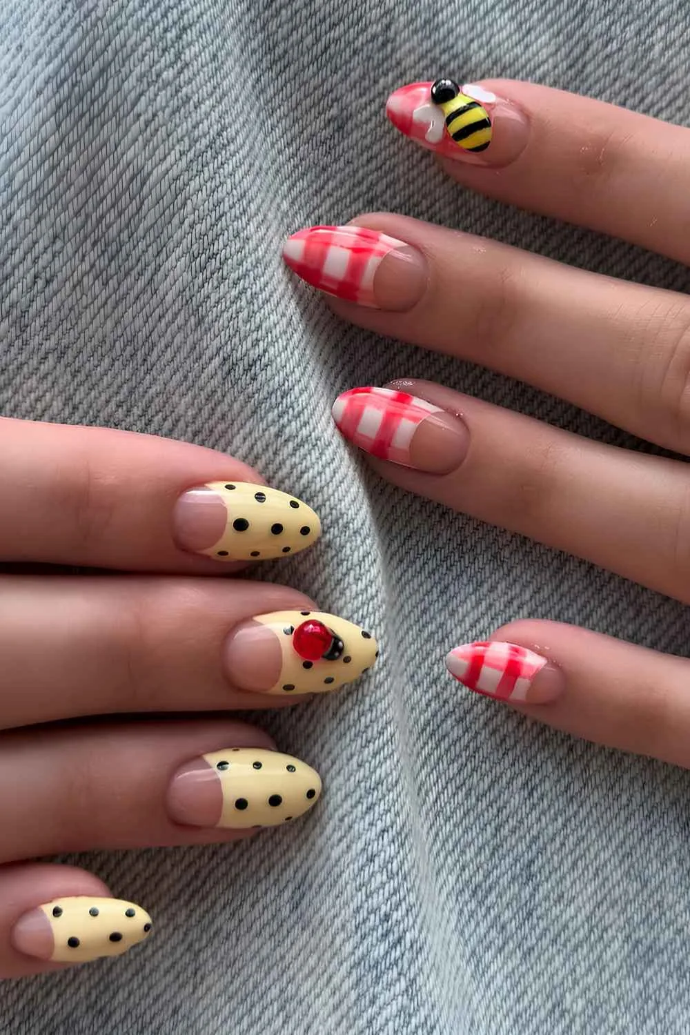 Red and yellow mani with polka dots and gingham