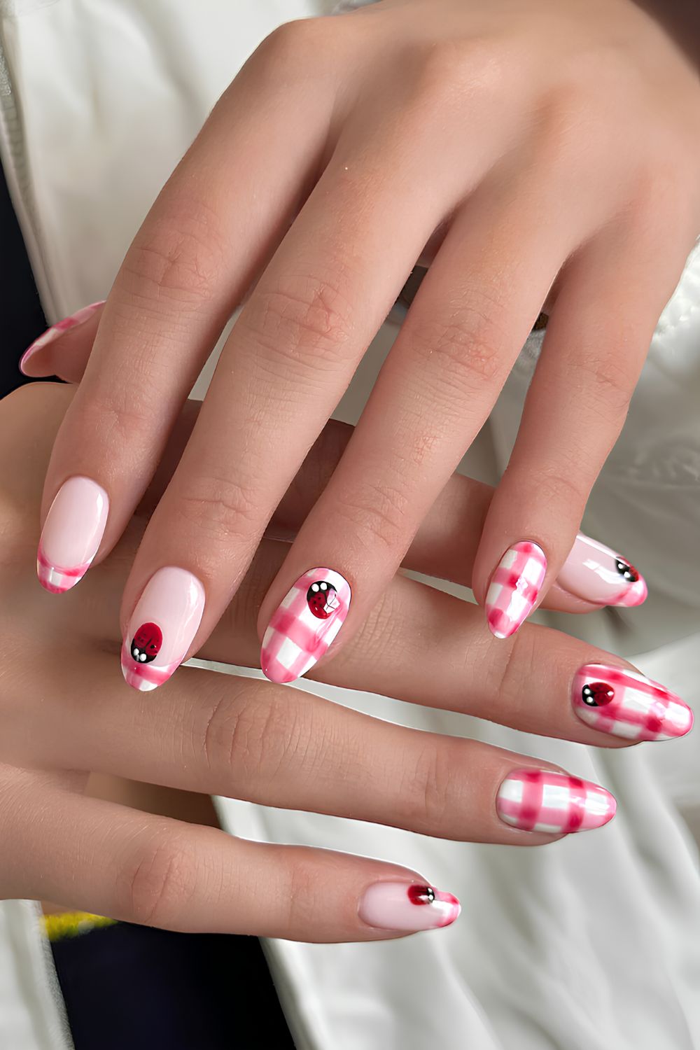 Red gingham nails with ladybugs