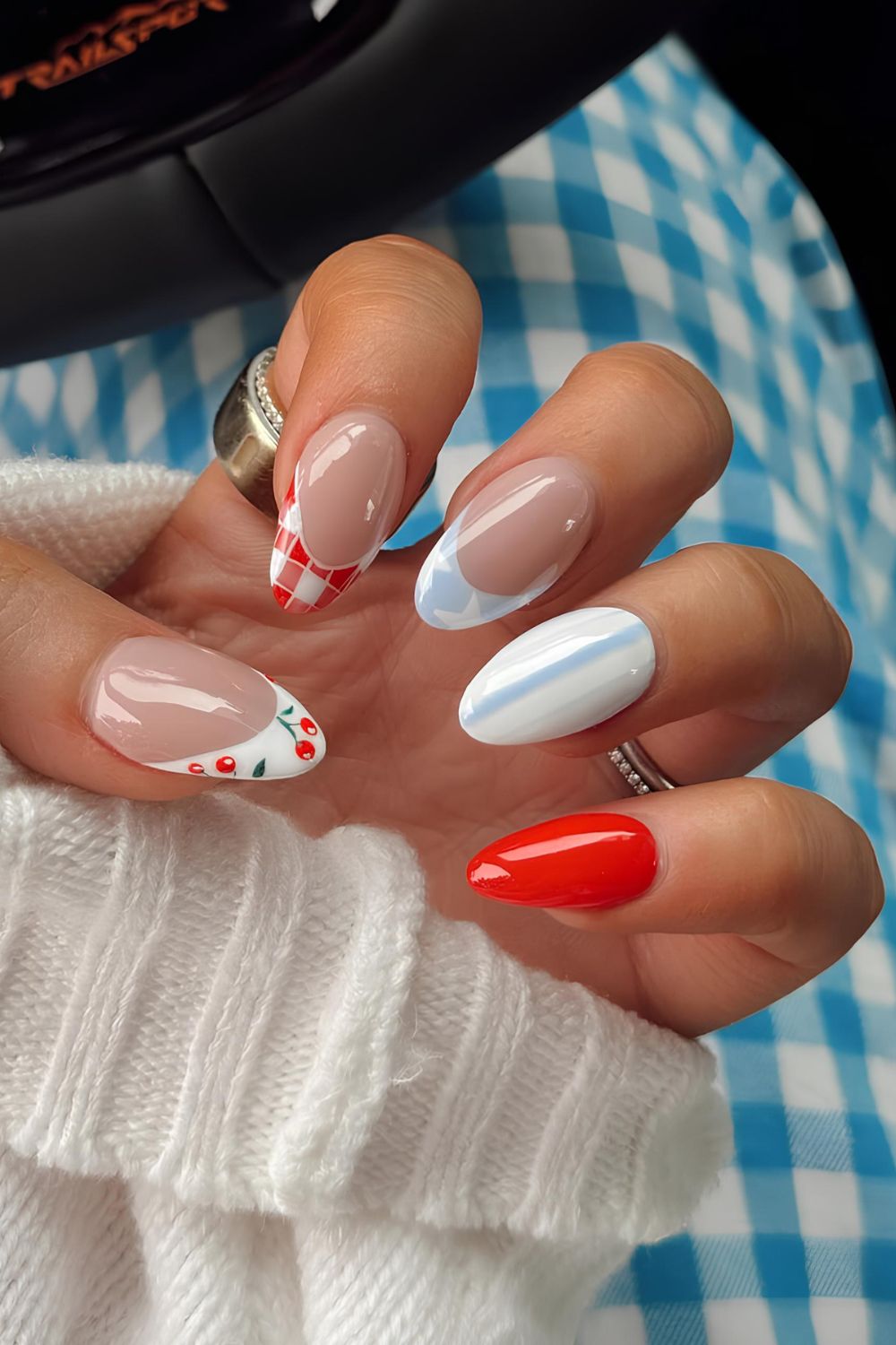 Red, white and blue mani with different patterns
