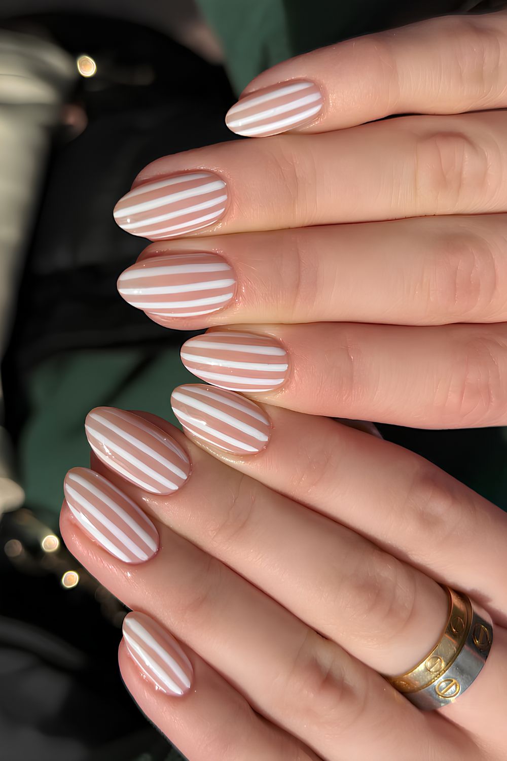 Sheer nails with white stripes
