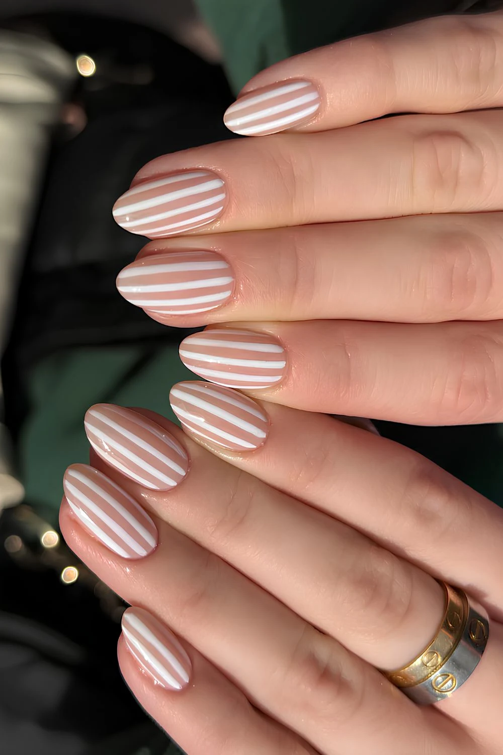 Sheer nails with white stripes