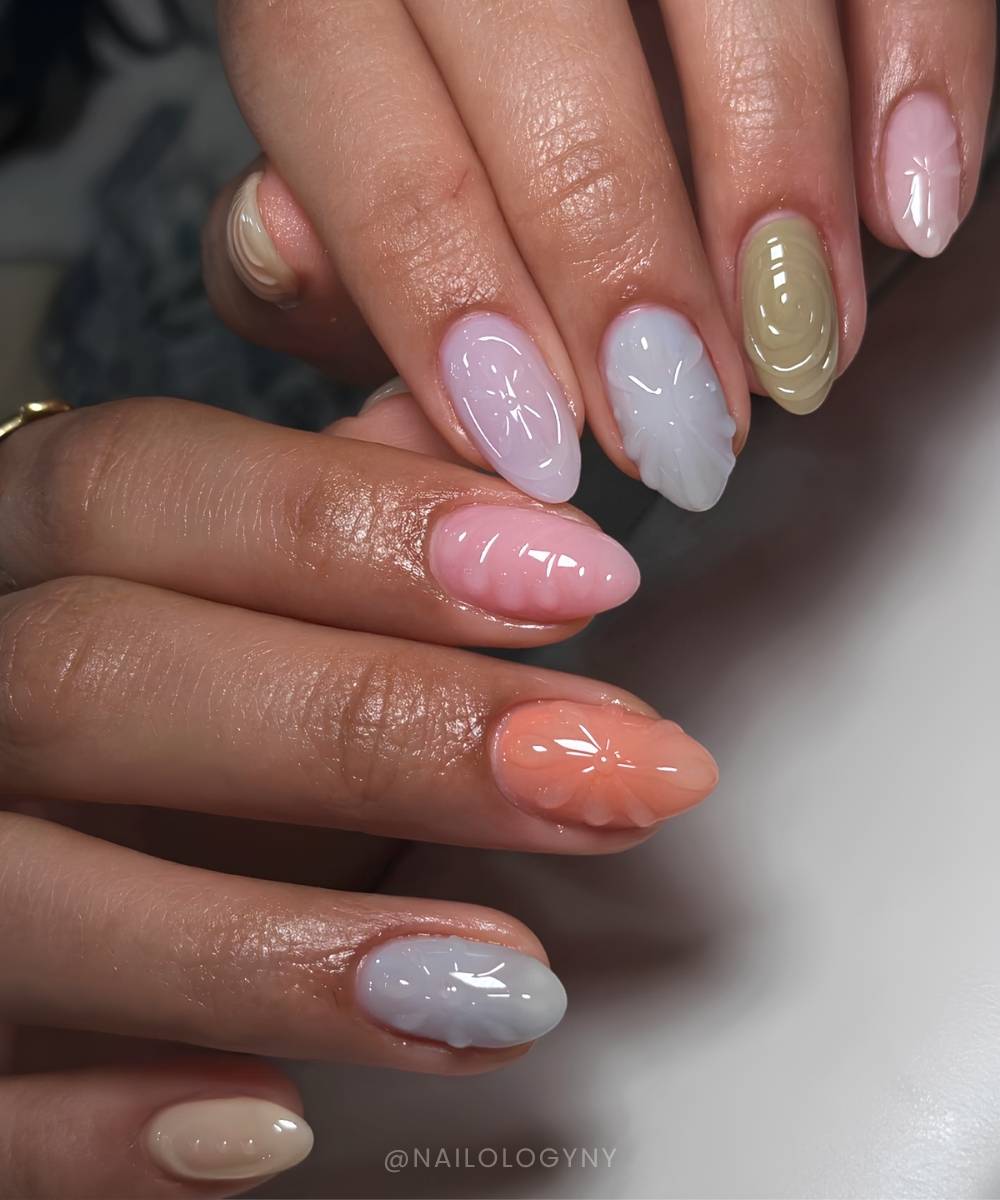 Skittle nails with clear gel accent art