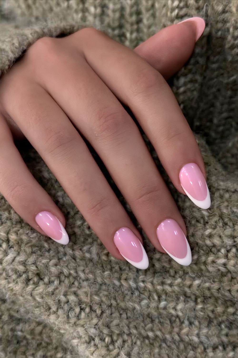 White French tips on pink base nails