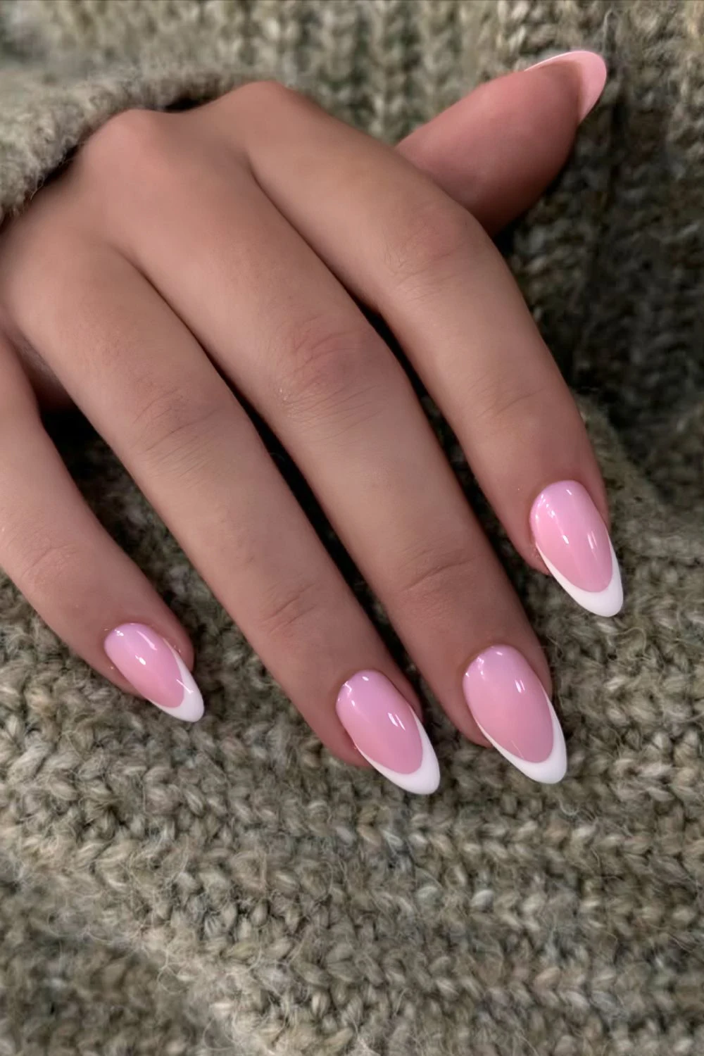 White French tips on pink base nails