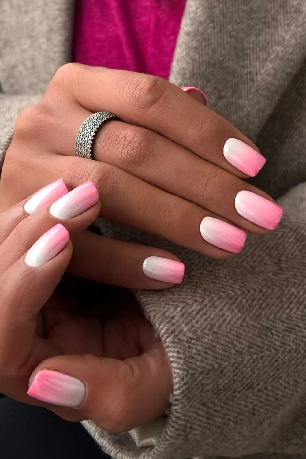 White to pink ombre mani with chrome finish
