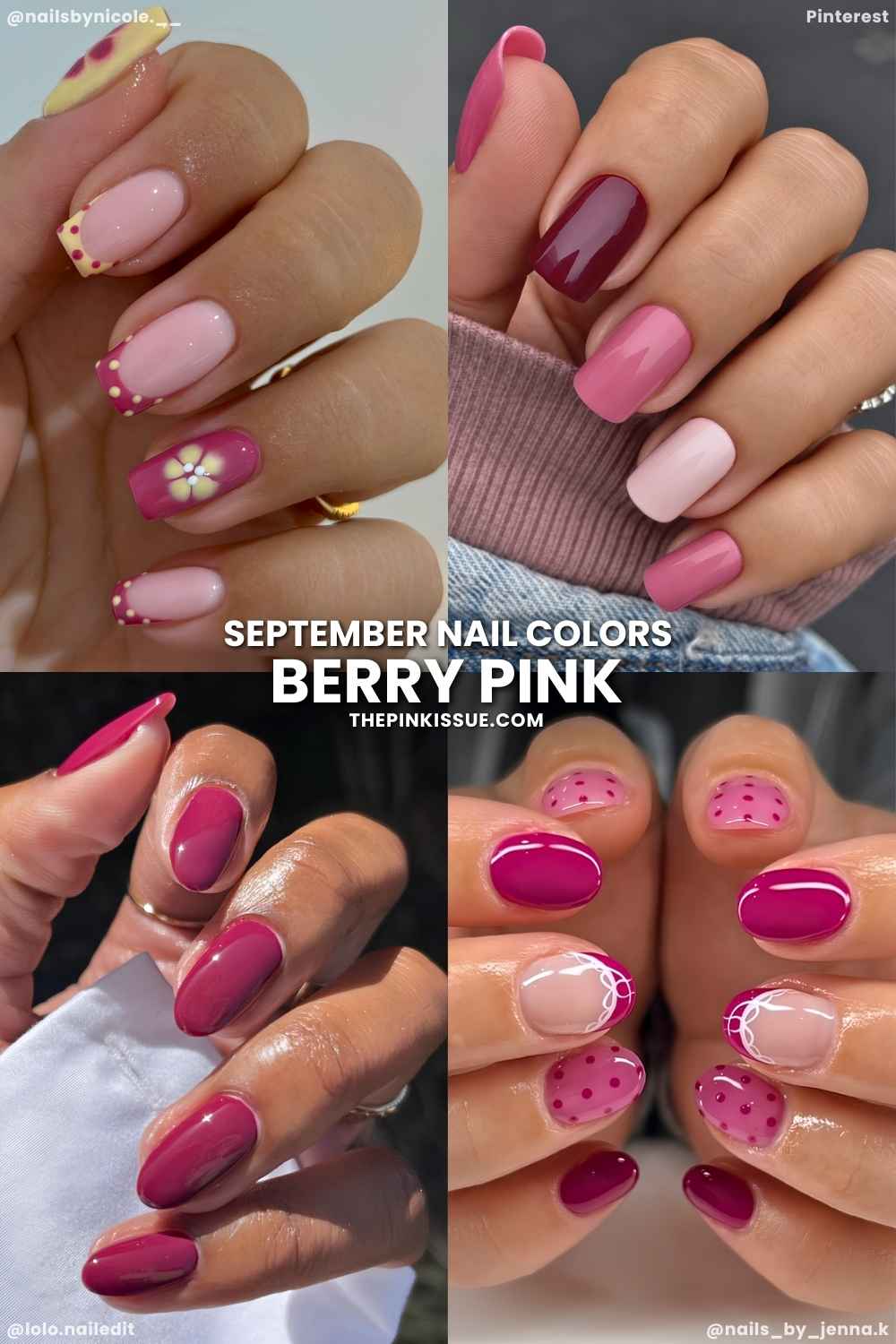 A collage of berry pink manicures