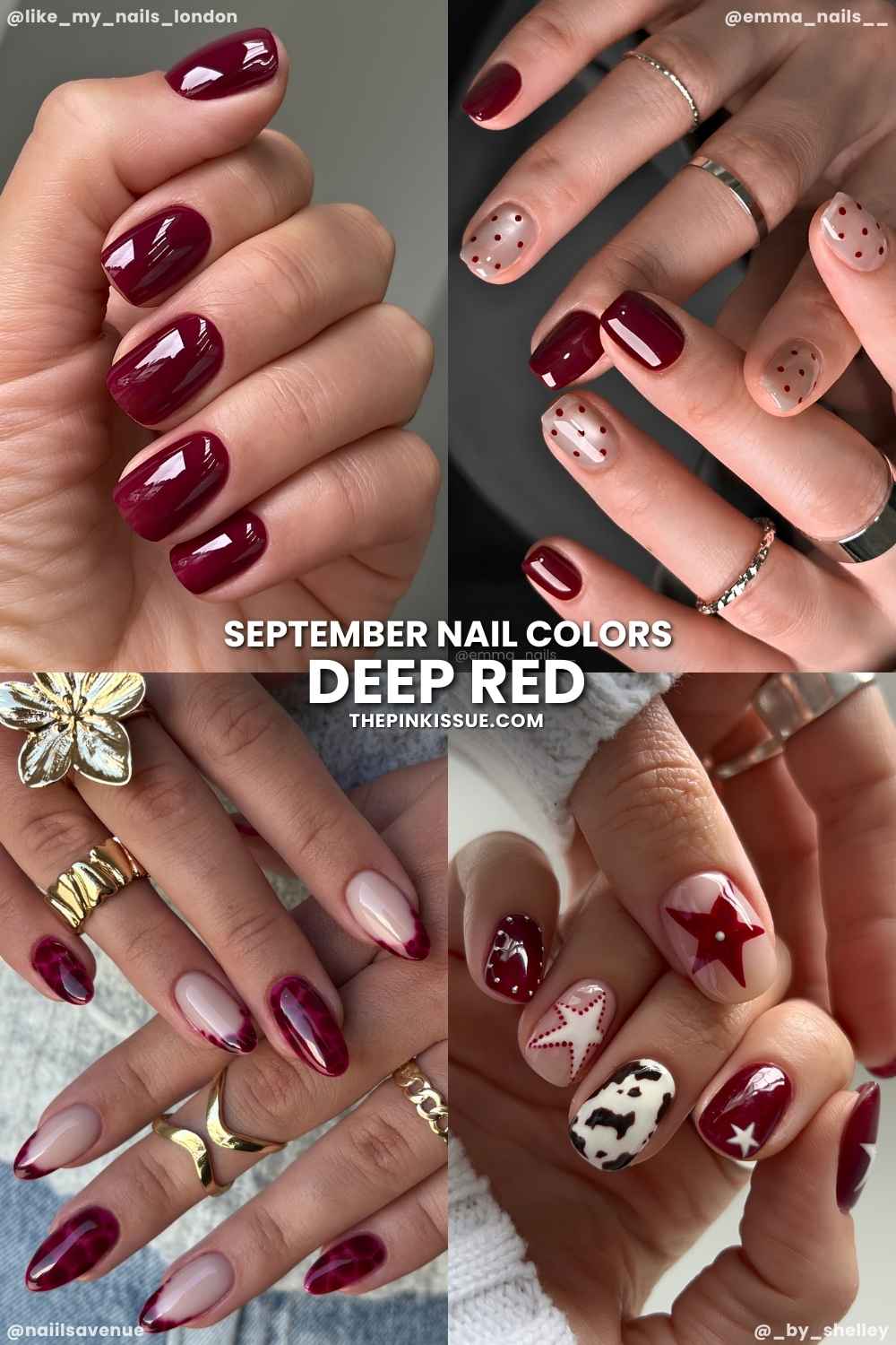 A collage of deep red nail designs
