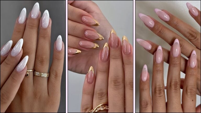 A collage of almond French tip nail designs