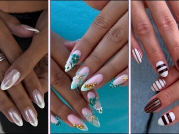 A collage of almond nail designs for August