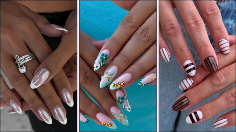 A collage of almond nail designs for August