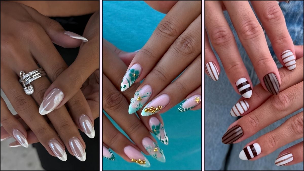 A collage of almond nail designs for August