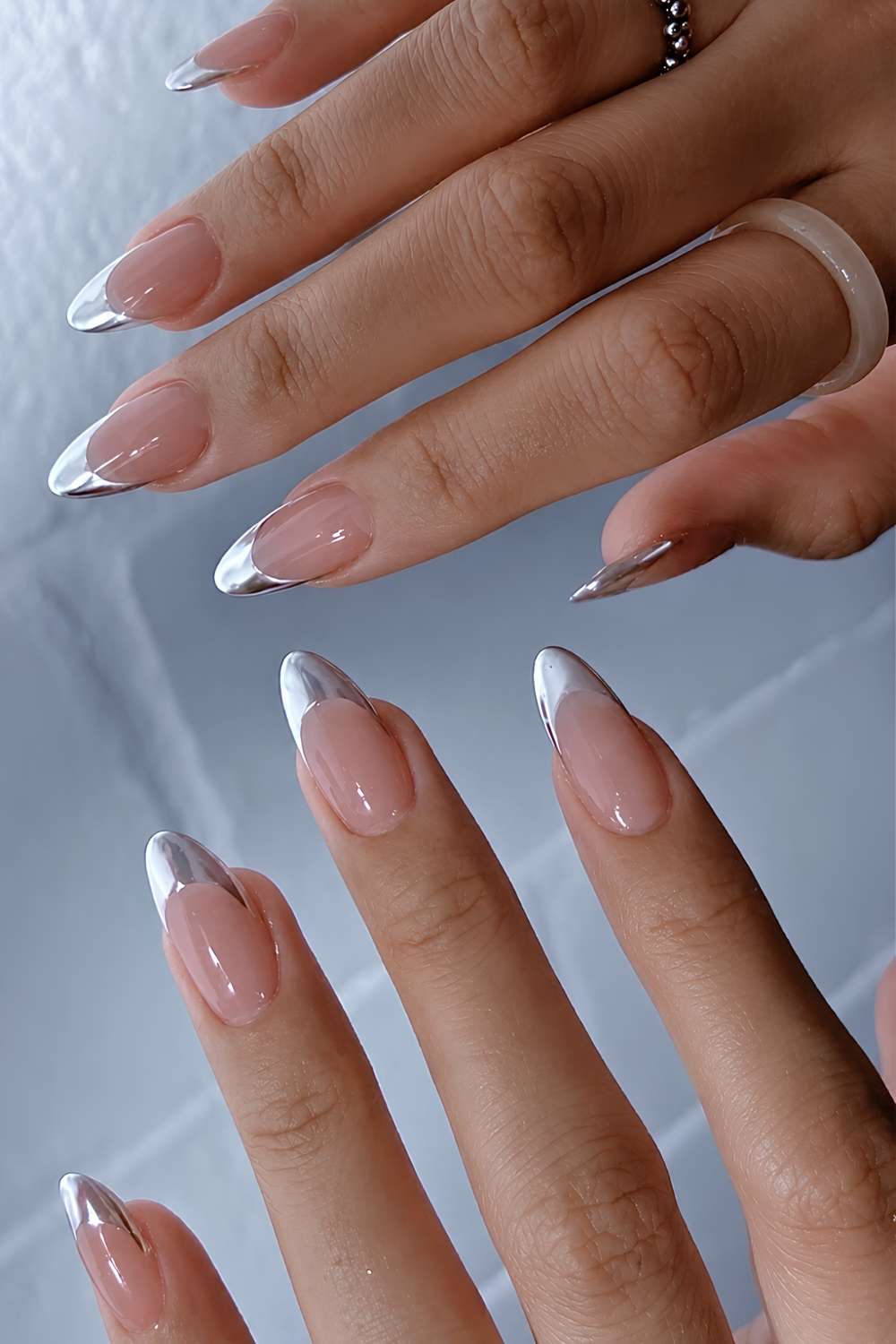 Almond silver French manicure
