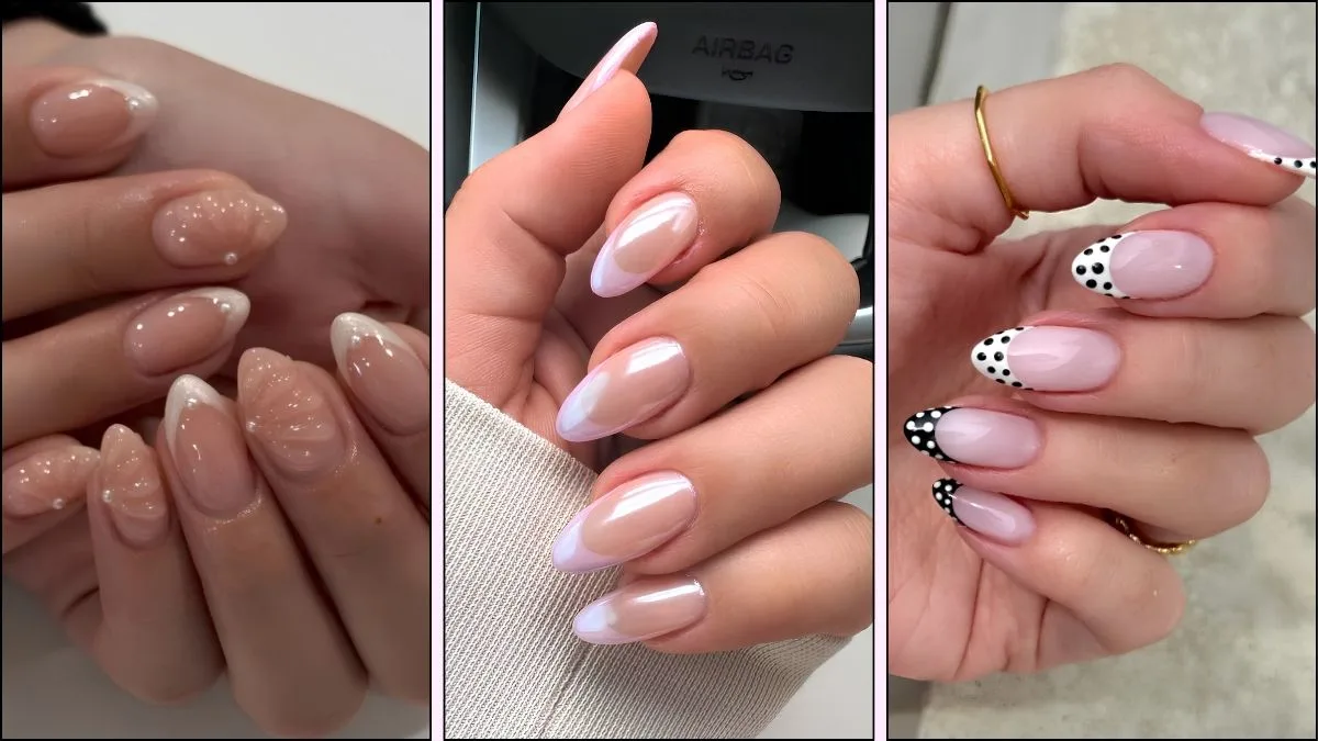 A collage of French tip nail designs for August