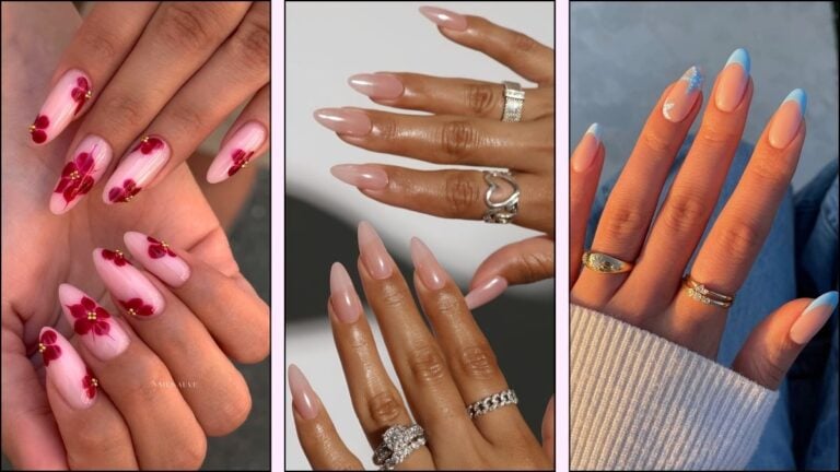 A collage of August almond nail designs