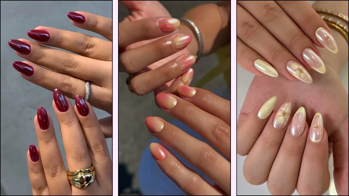 A collage of August chrome nail designs
