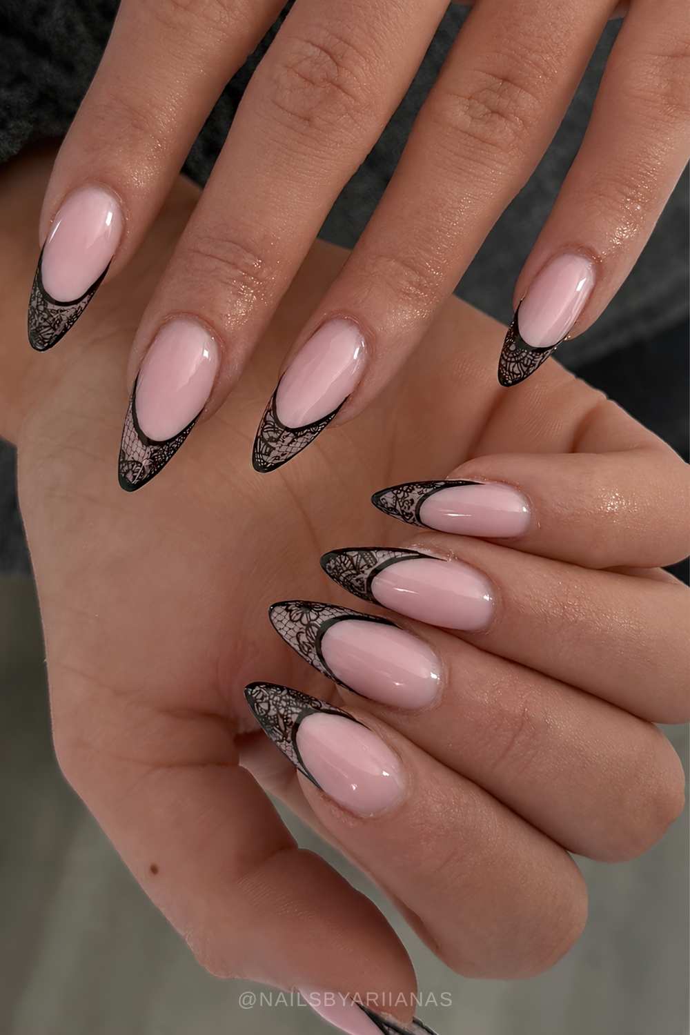 Black French manicure with lace art