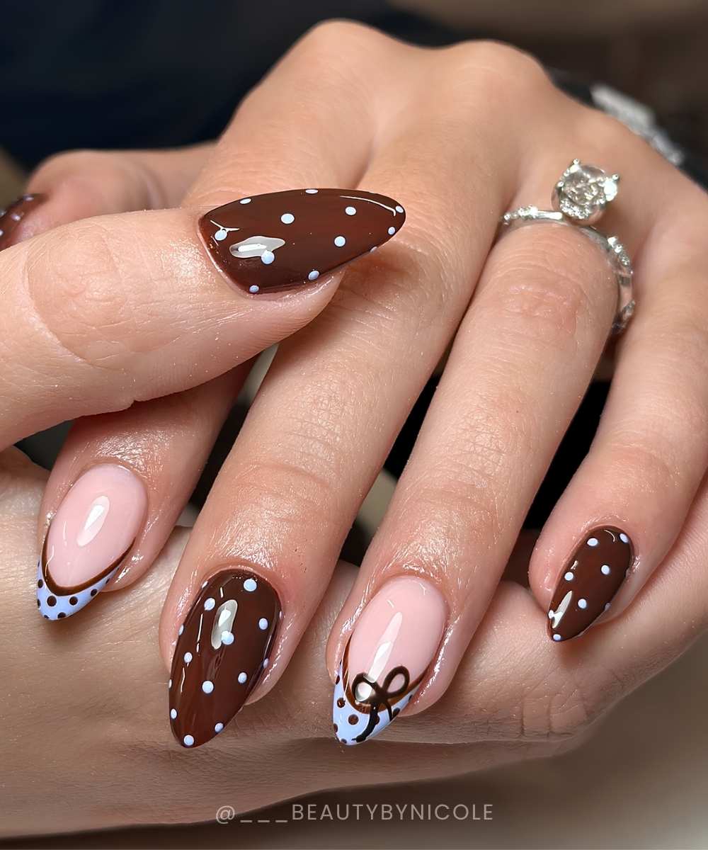 Blue and brown mani with bows and dots