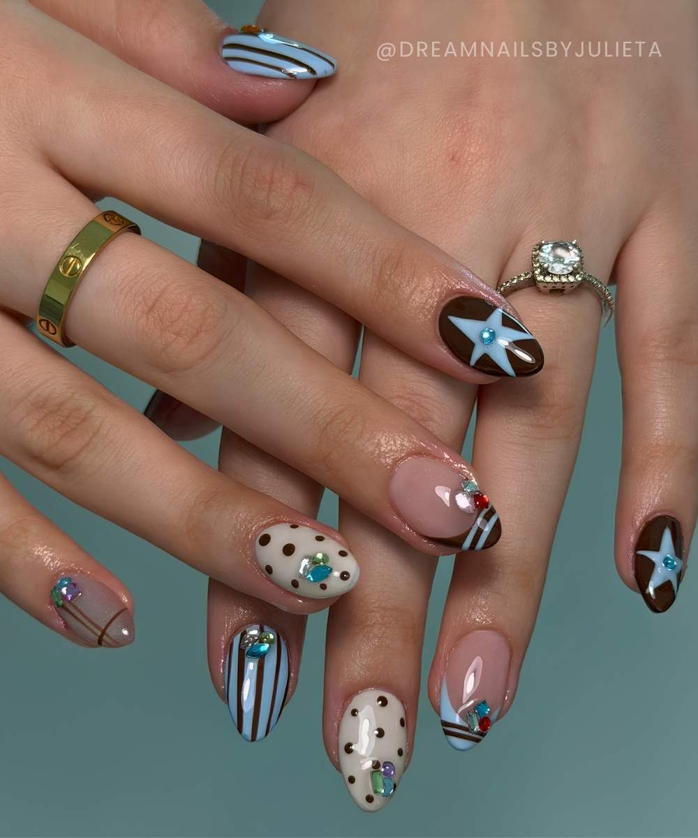 Blue and brown mani with gems and dots