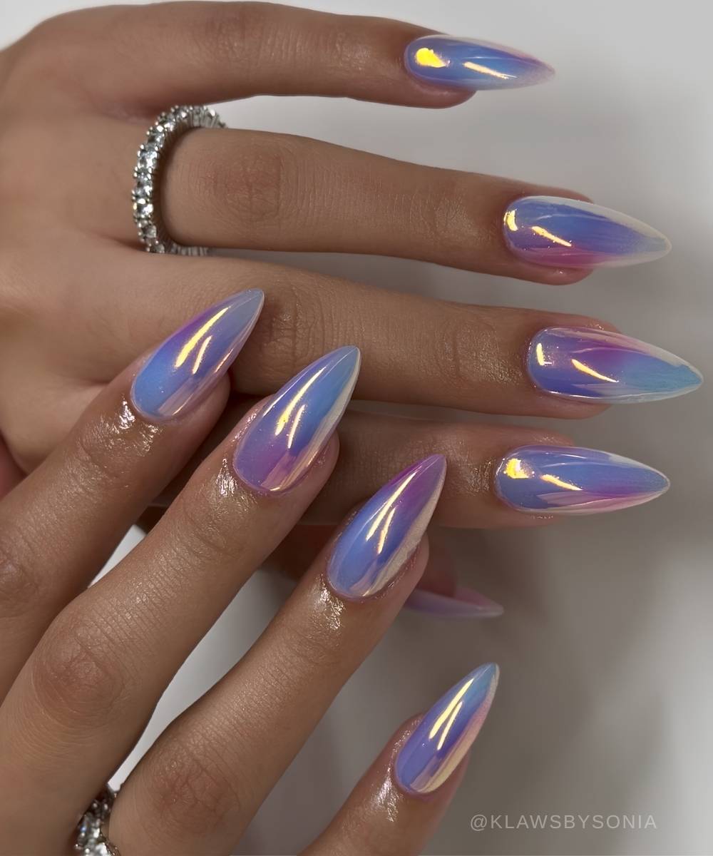 Blue and pink aurora chrome nails