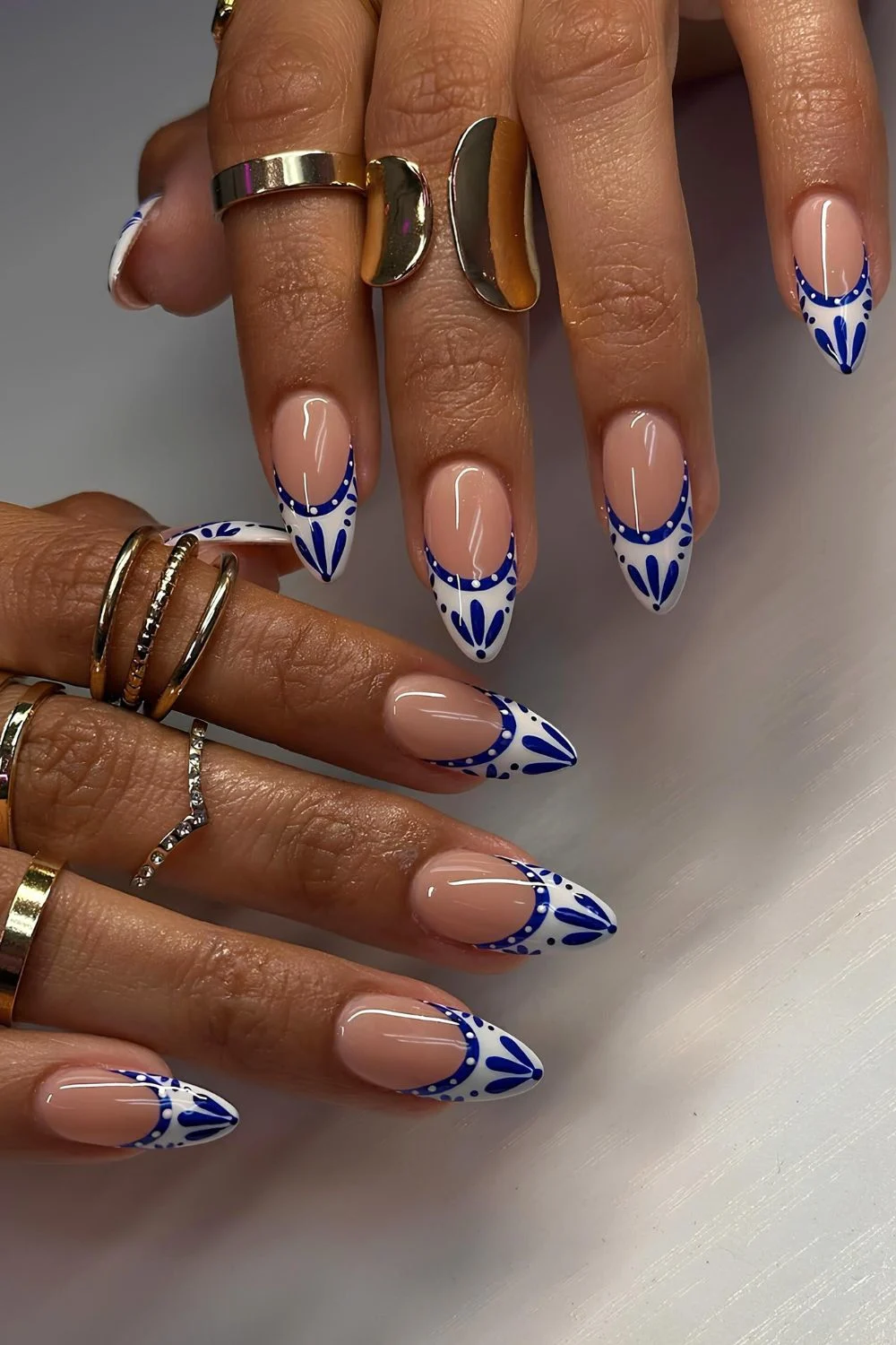 Blue and white French mani with tile design