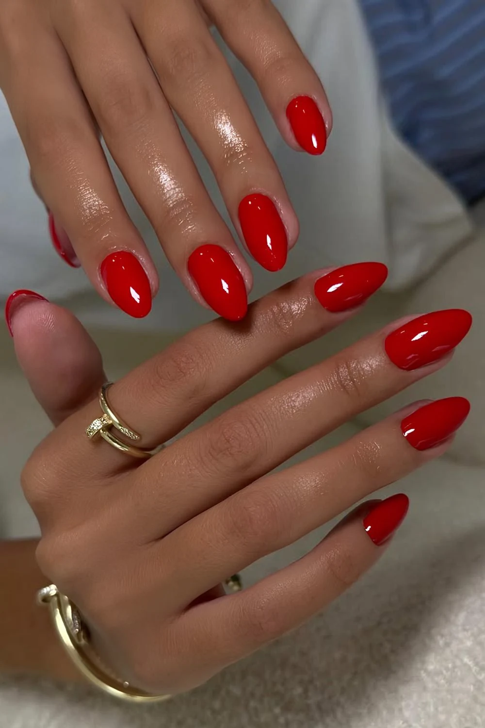 Bright red almond nails