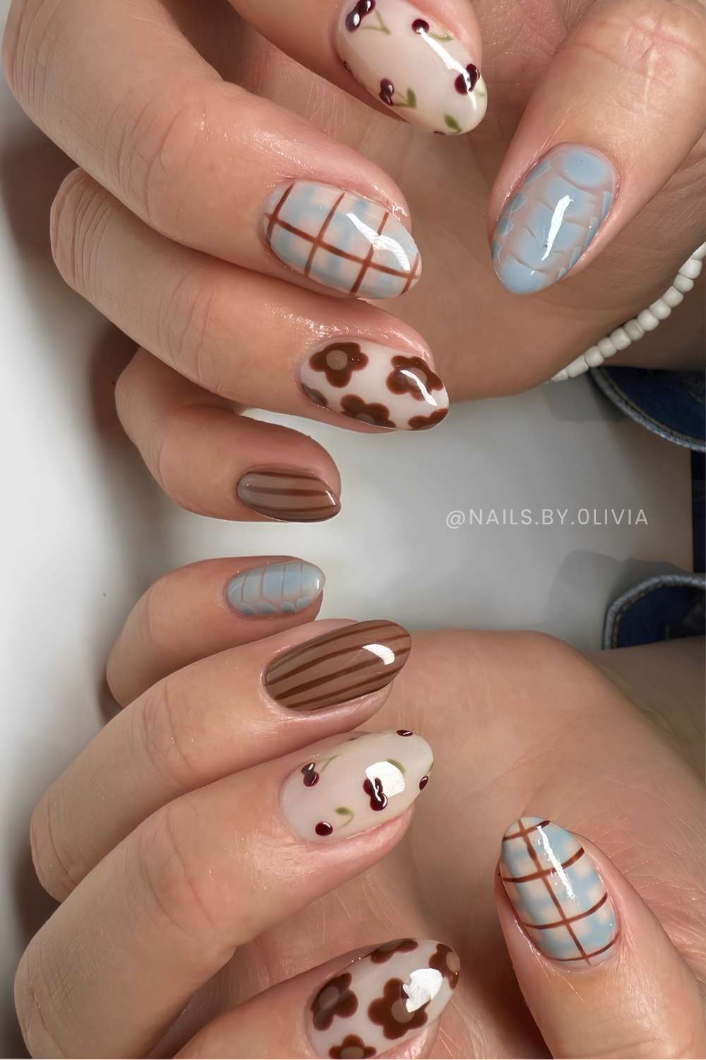 Brown and blue fall floral nails