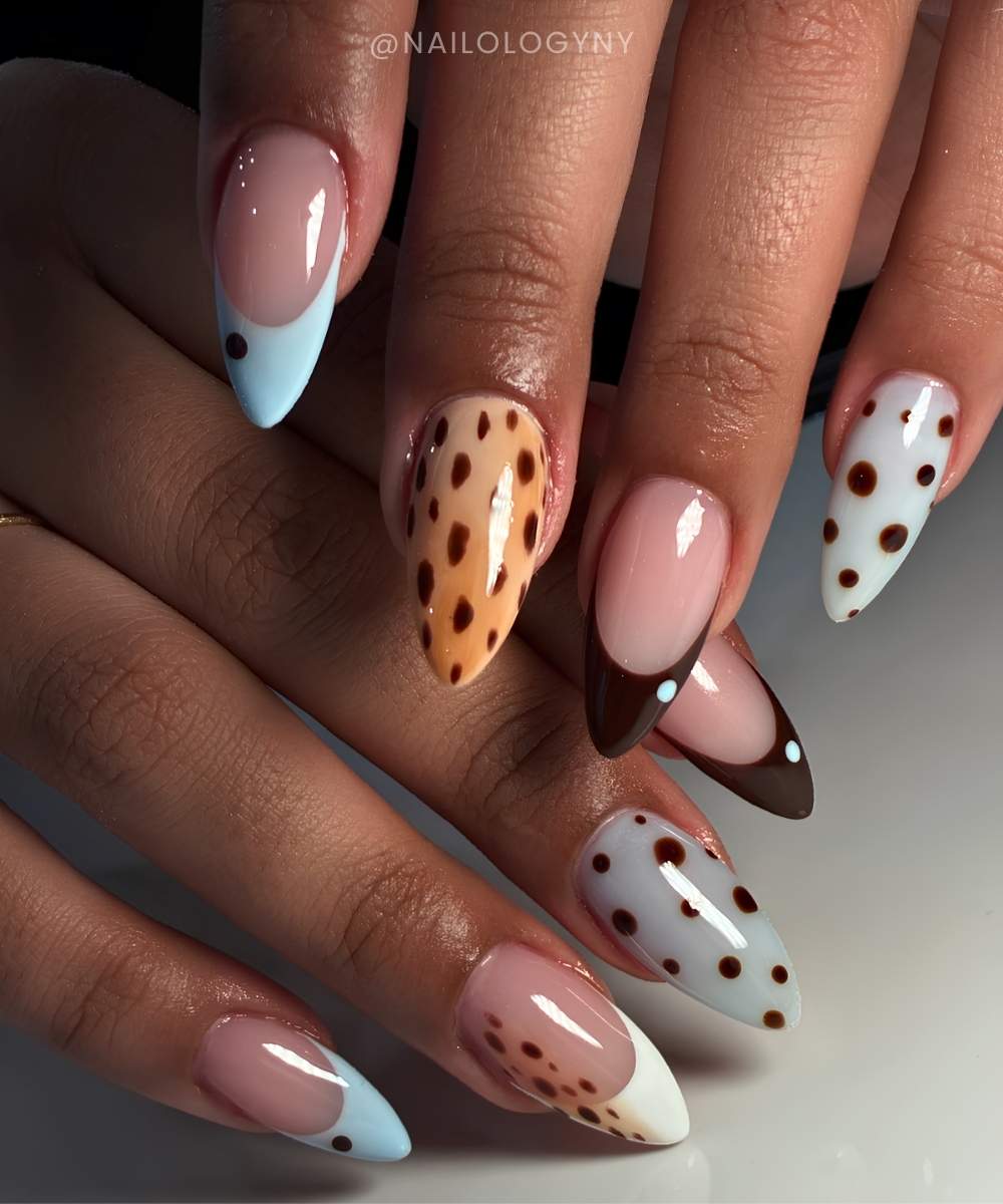 Brown and blue fawn print nails