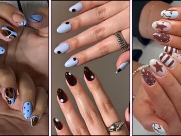 A collage of brown and blue nail designs