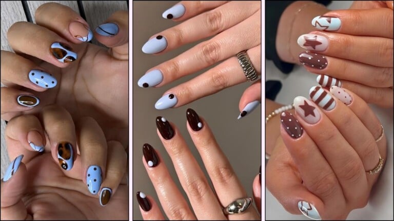 A collage of brown and blue nail designs