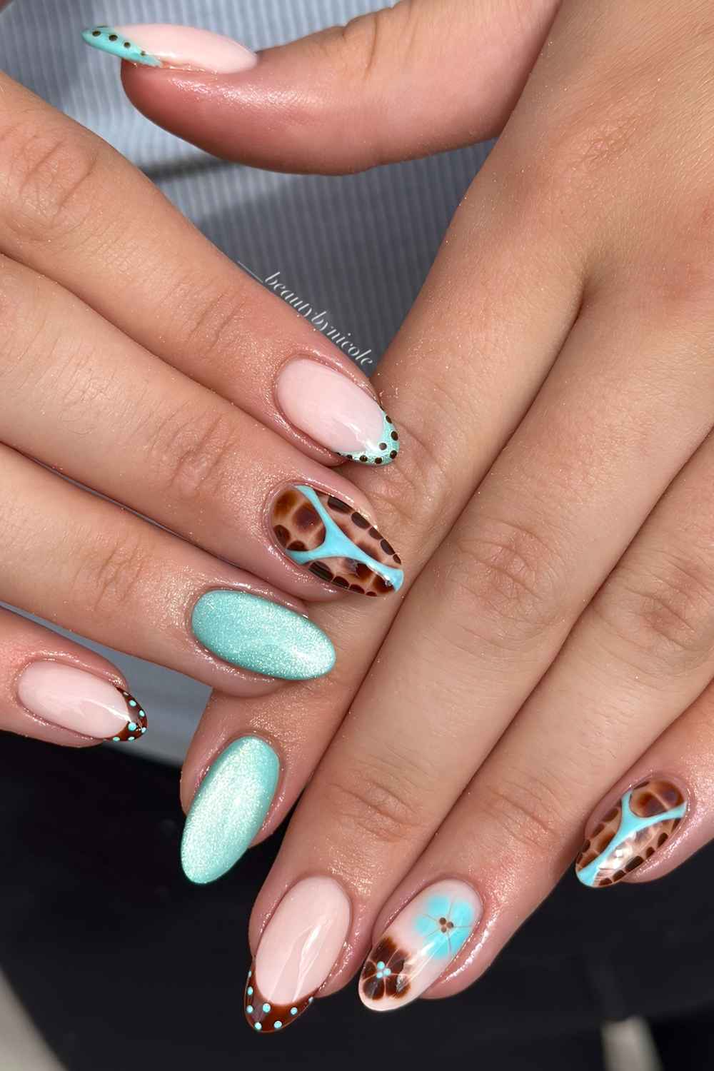 Brown and blue nails with flowers and animal print