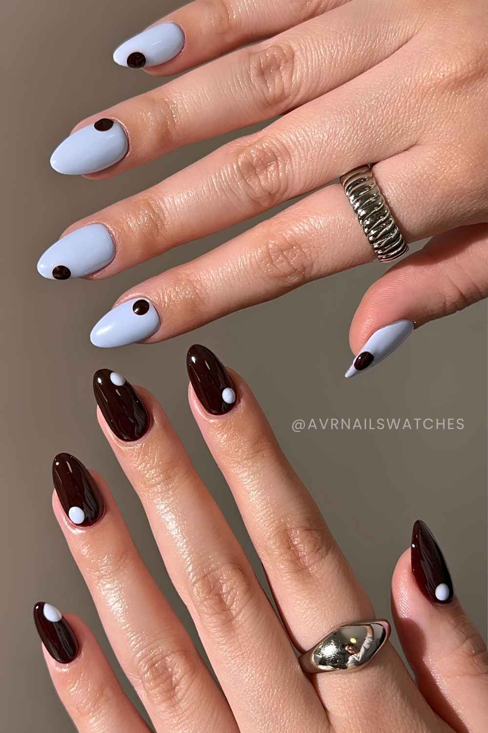 Brown and blue single dot nails