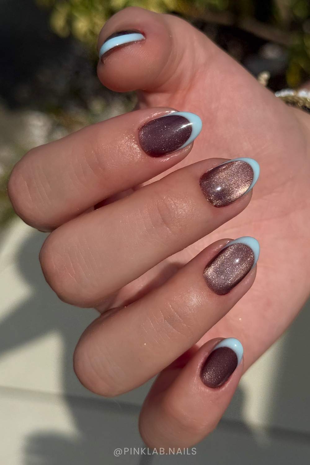 Brown cat eye nails with blue French tips