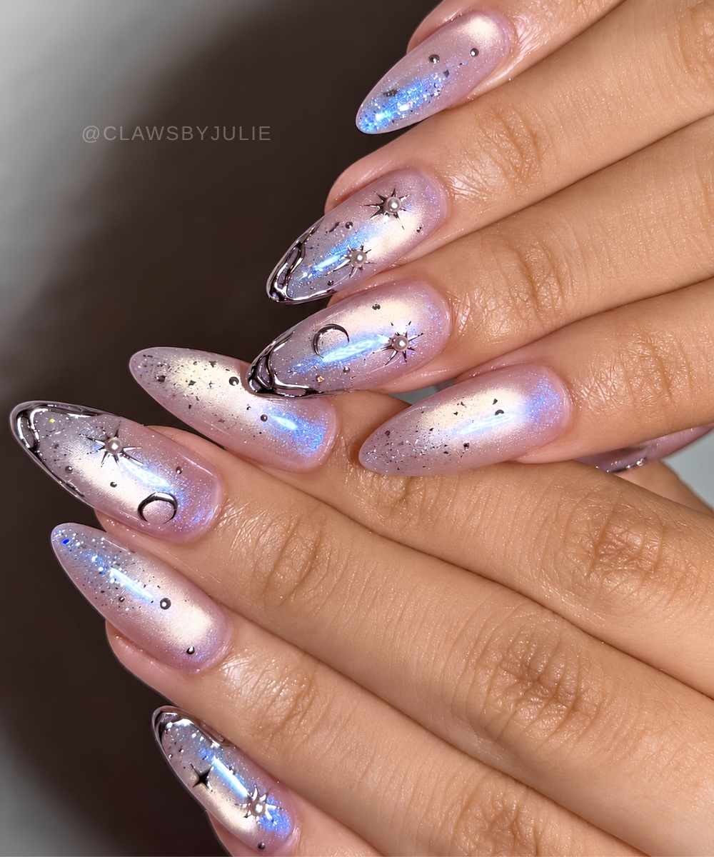 Cat eye aurora mani with stars and moons