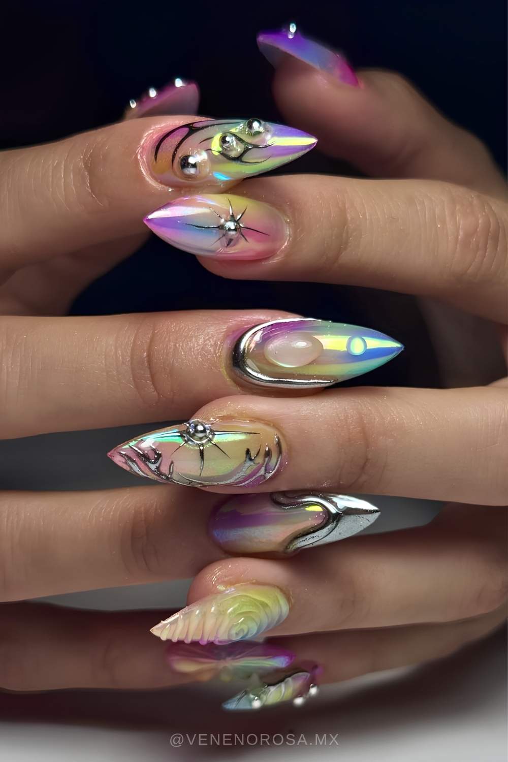 Colorful aurora nails with 3d details
