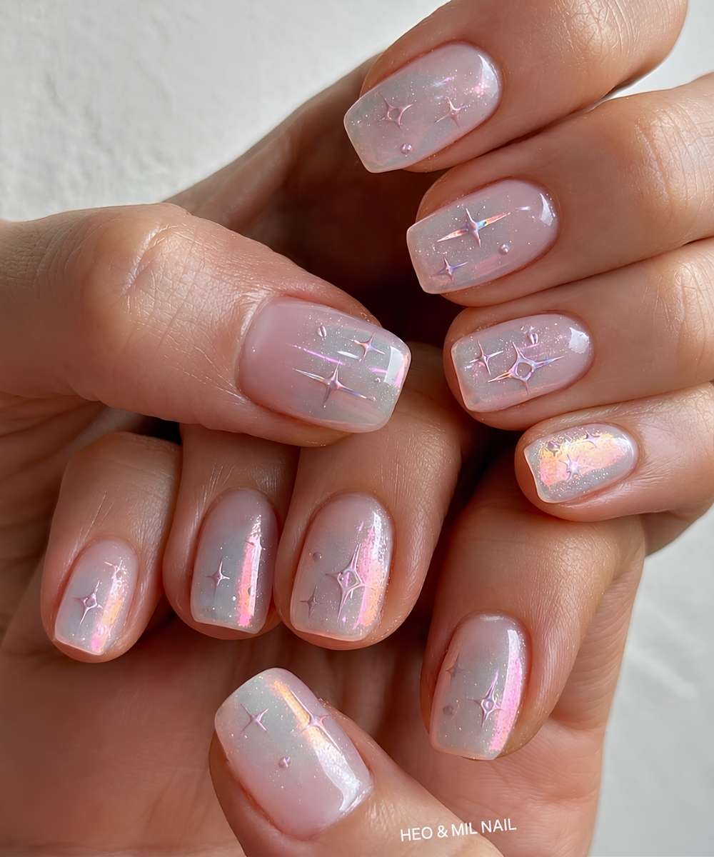 Frosty aurora nails with celestial art