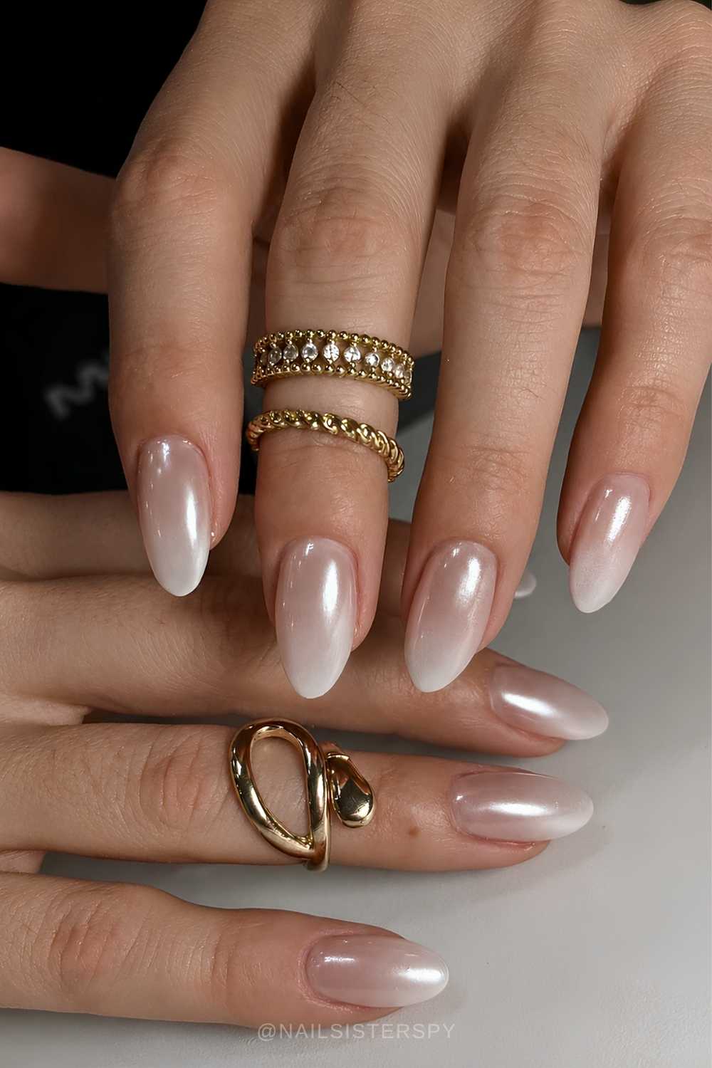 Glazed almond white ombre mani