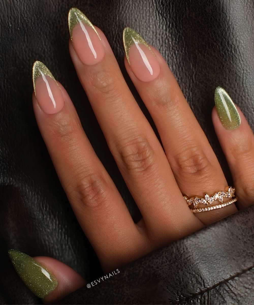 Green cat eye mani with accent French tips