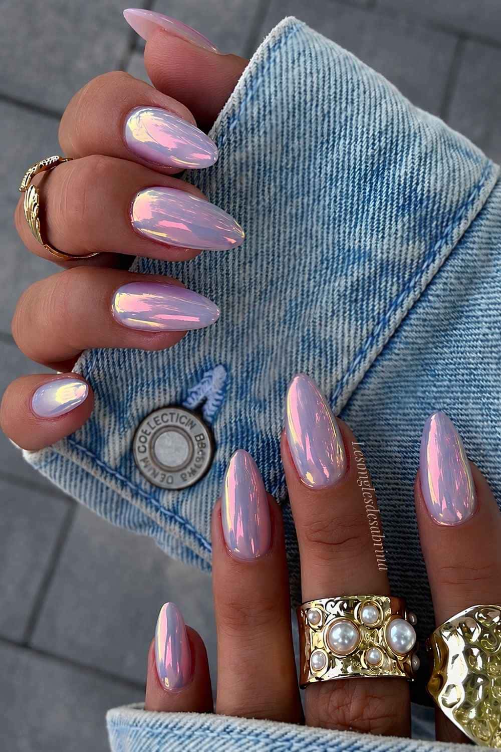 Iridescent pink chrome manicure