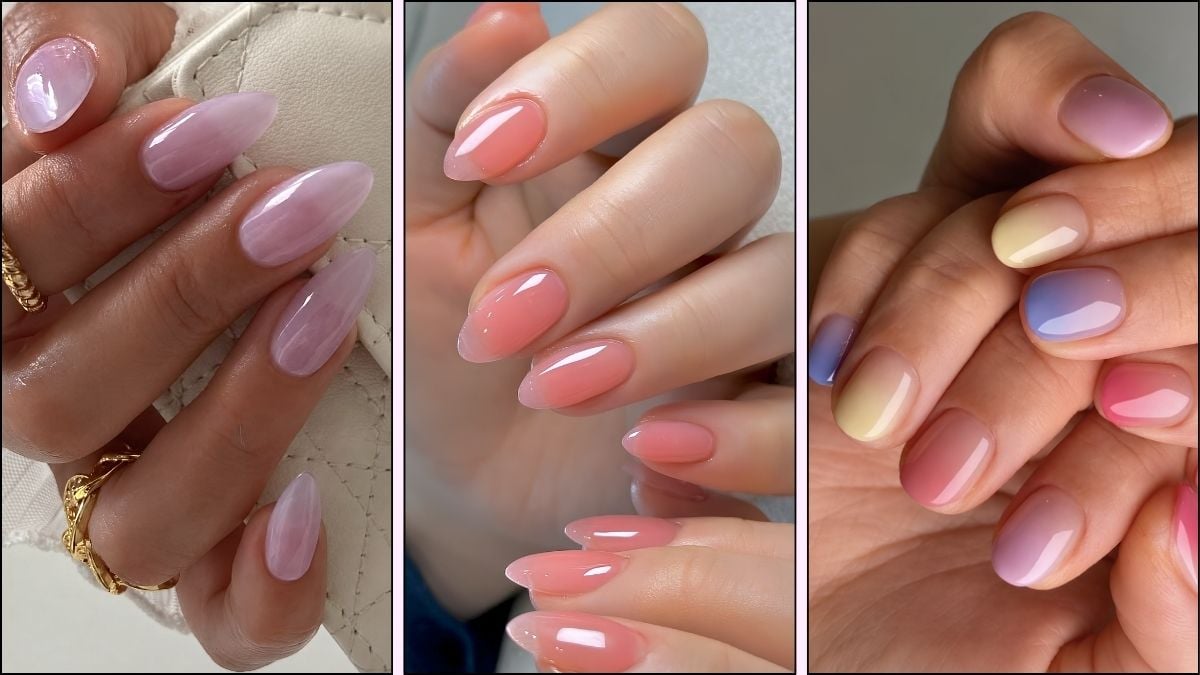 A collage of jelly nail designs