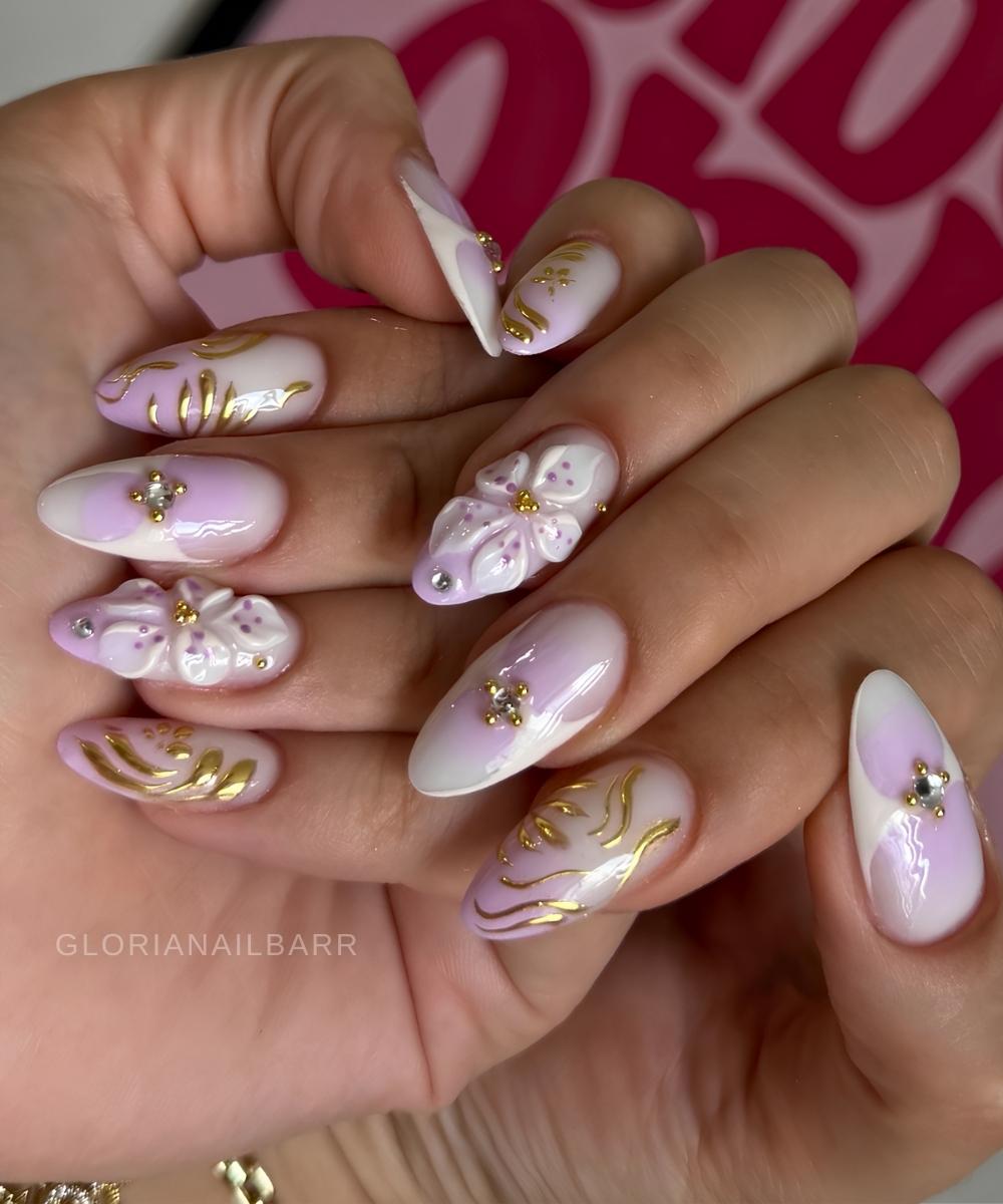 Lilac and white mani with flowers and gold swirls