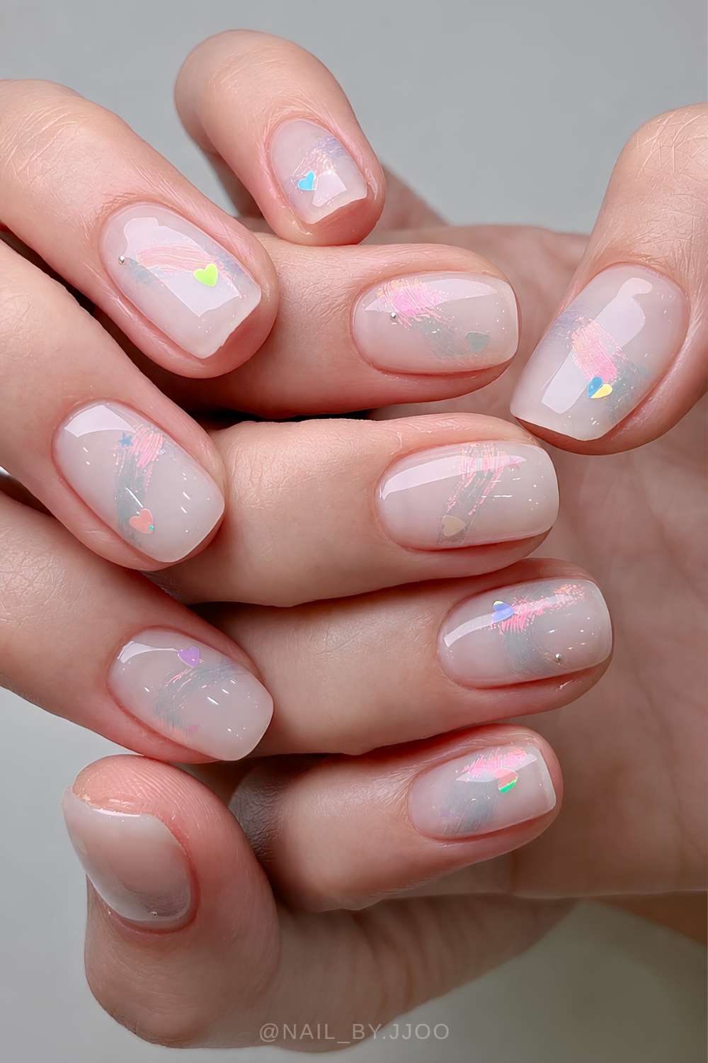 Milky nails with encapsulated aurora flakes