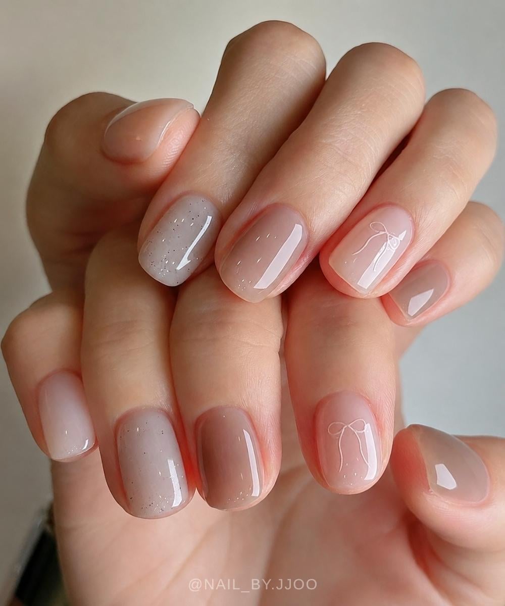 Neutral jelly mani with delicate bows