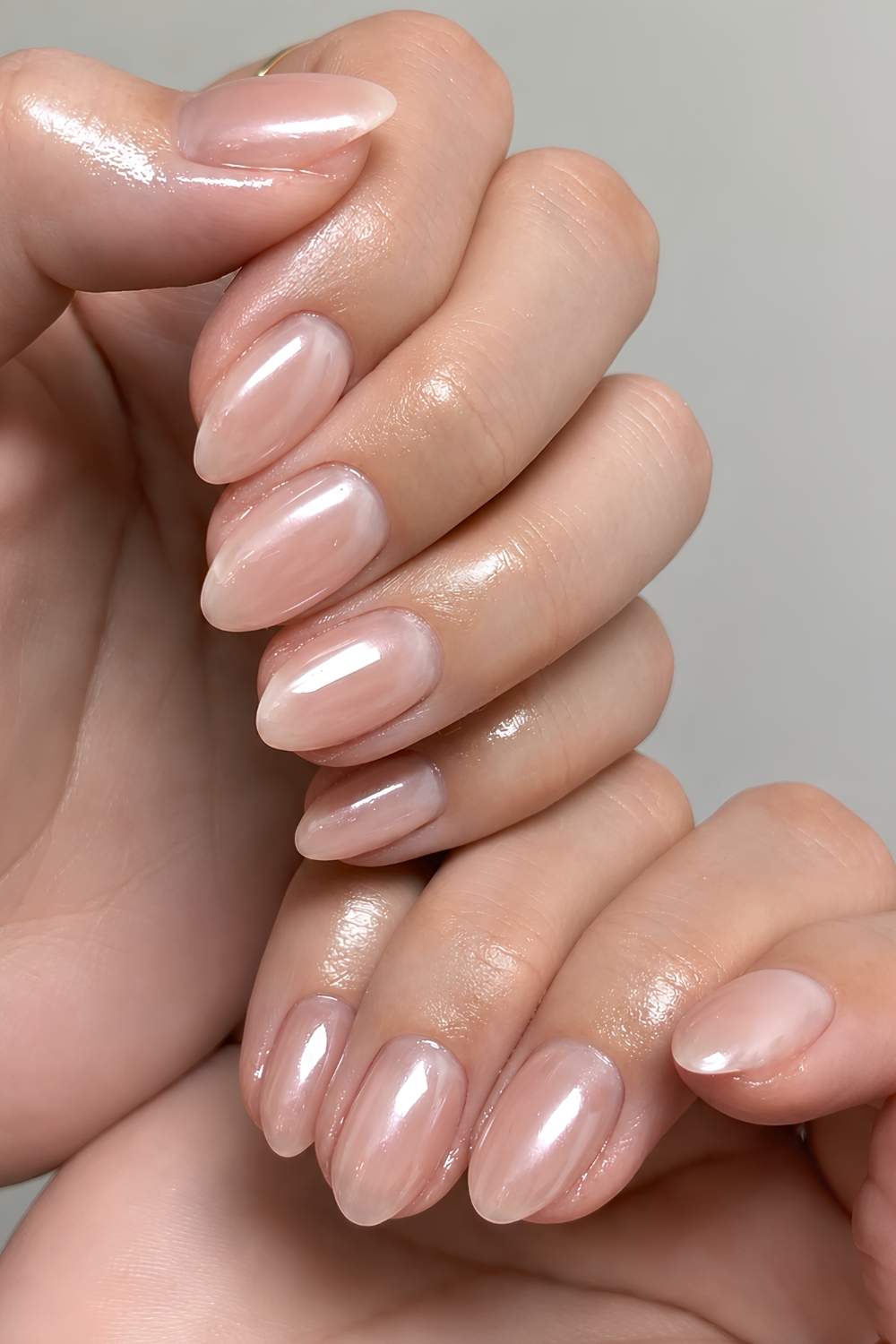 Neutral nude chrome manicure
