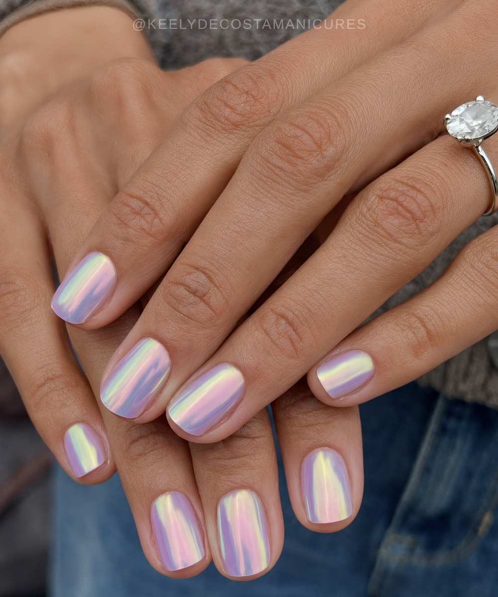 Pink and purple aurora chrome nails