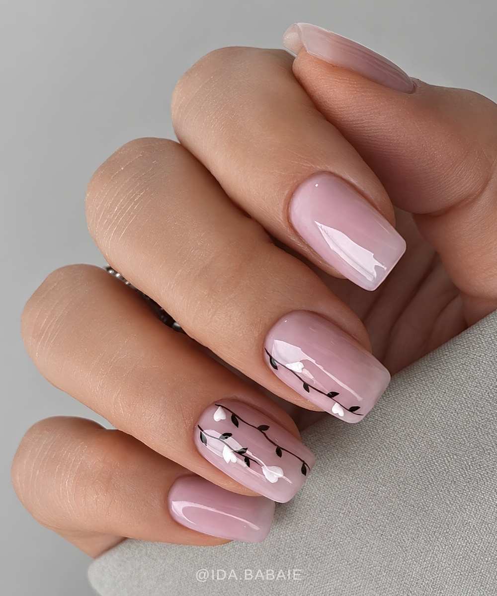 Pink jelly nails with floral art