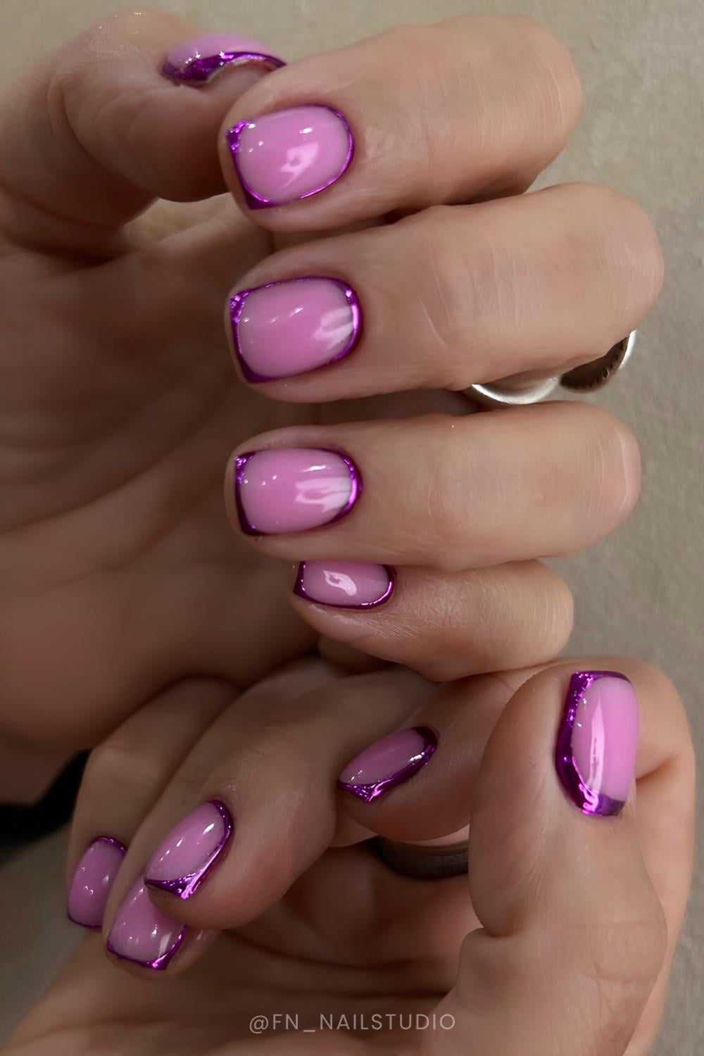 Pink mani with purple chrome outline